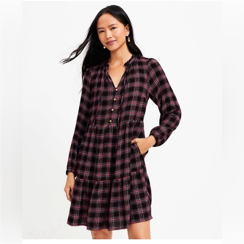 LOFT Black and Pink Plaid Long-Sleeve Tiered Dress